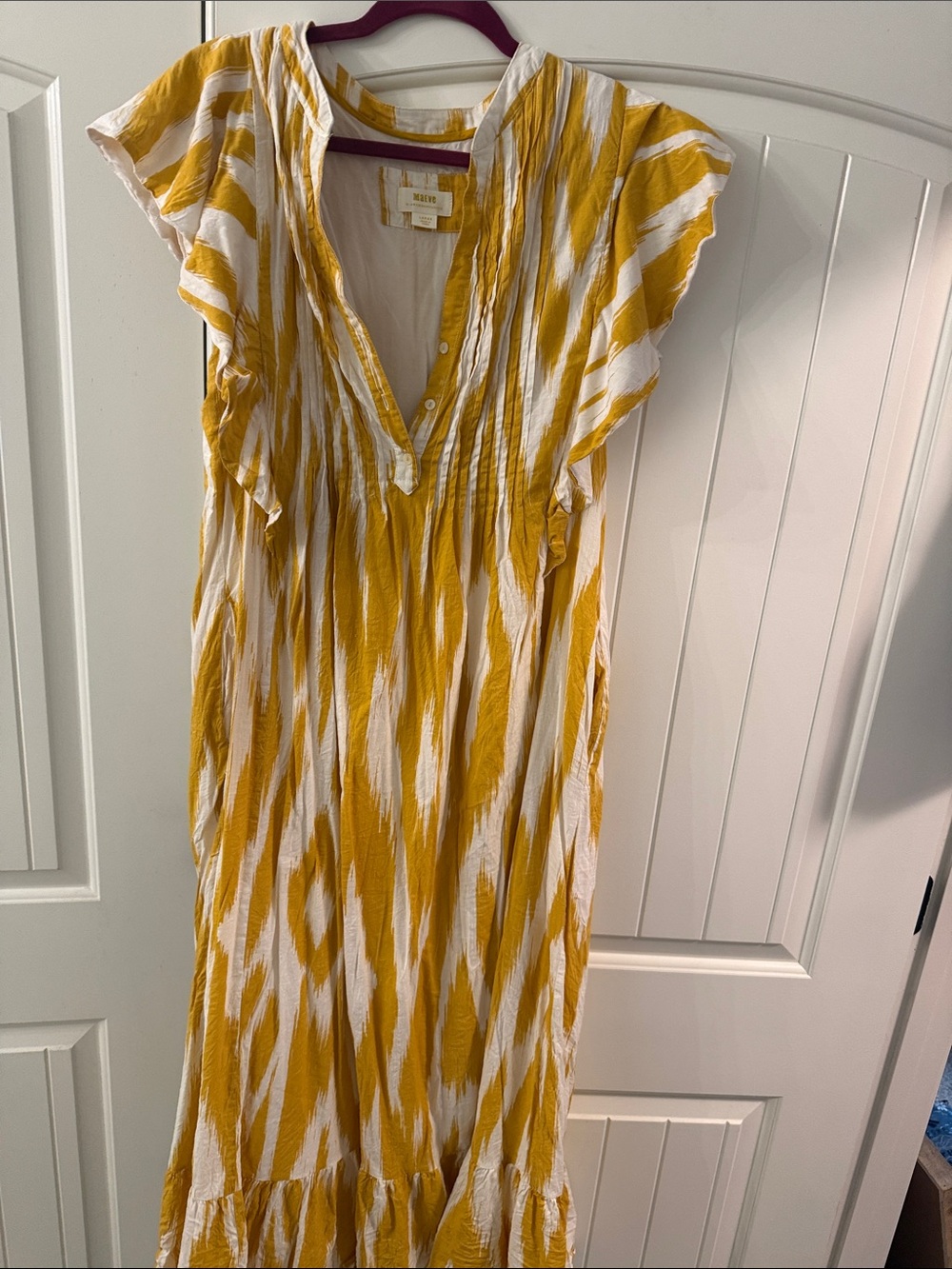 Anthropologie Yellow and White Patterned Ruffled Maxi Dress